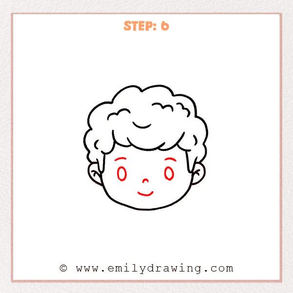 how to draw a boys hair - A cute boy face with fluffy hair, now showing simple eyebrows, oval eyes, a tiny nose, and a small smiling mouth.